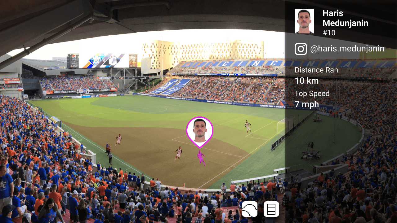 a rough mockup of an app that shows high level visualizations about a player while highlighting them on the field